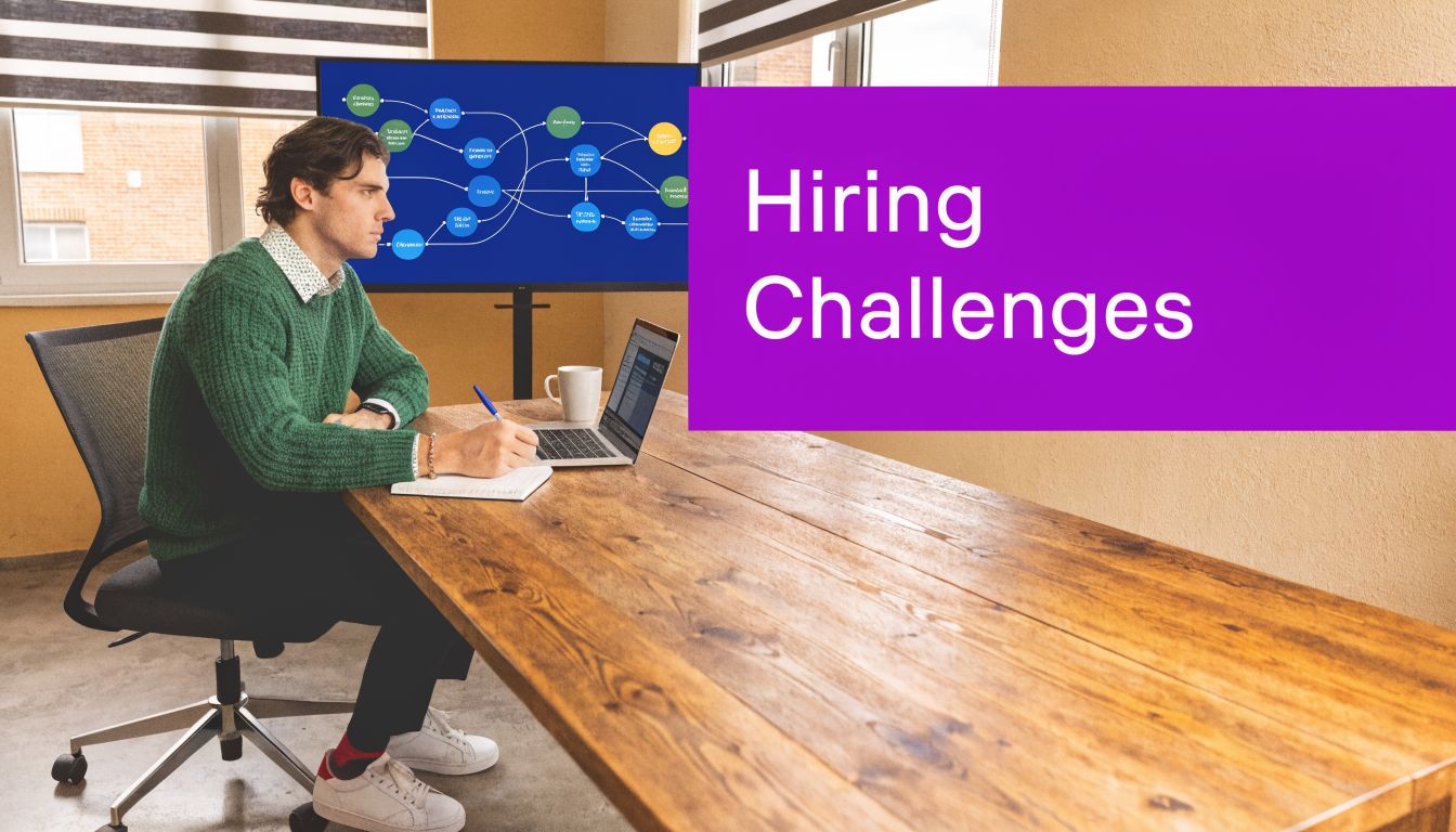 A professional man sitting at a desk and taking notes while viewing hiring charts on a monitor.