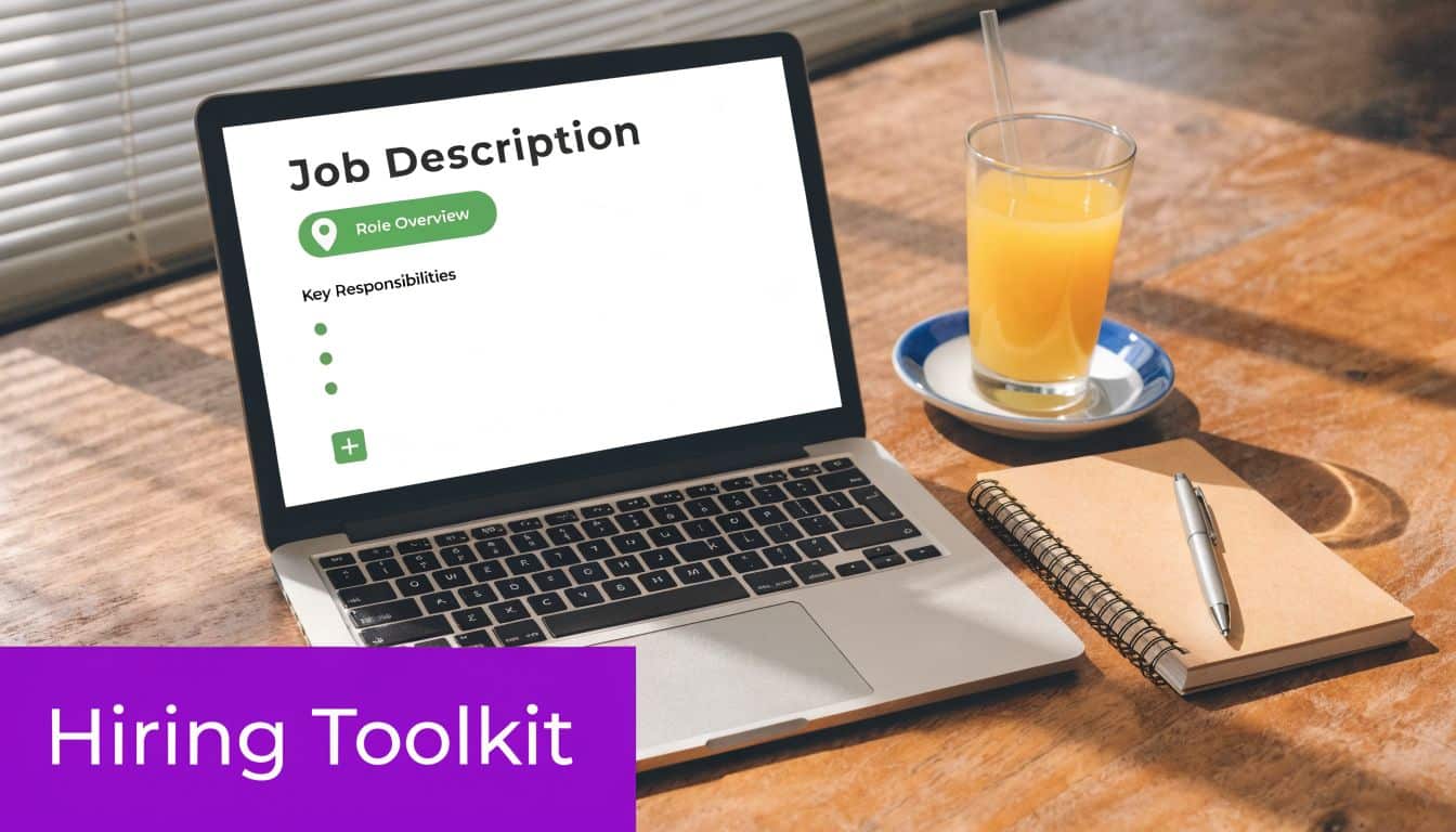 A laptop on a wooden desk displaying a job description template next to a notebook and drink.