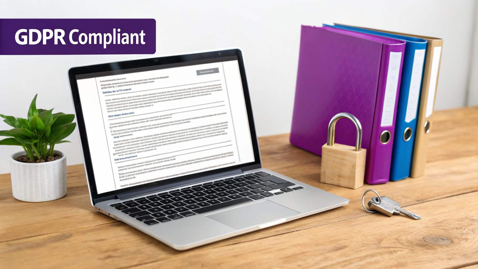A laptop displays a GDPR compliant document, with binders, a padlock, and keys on a desk, representing data security.