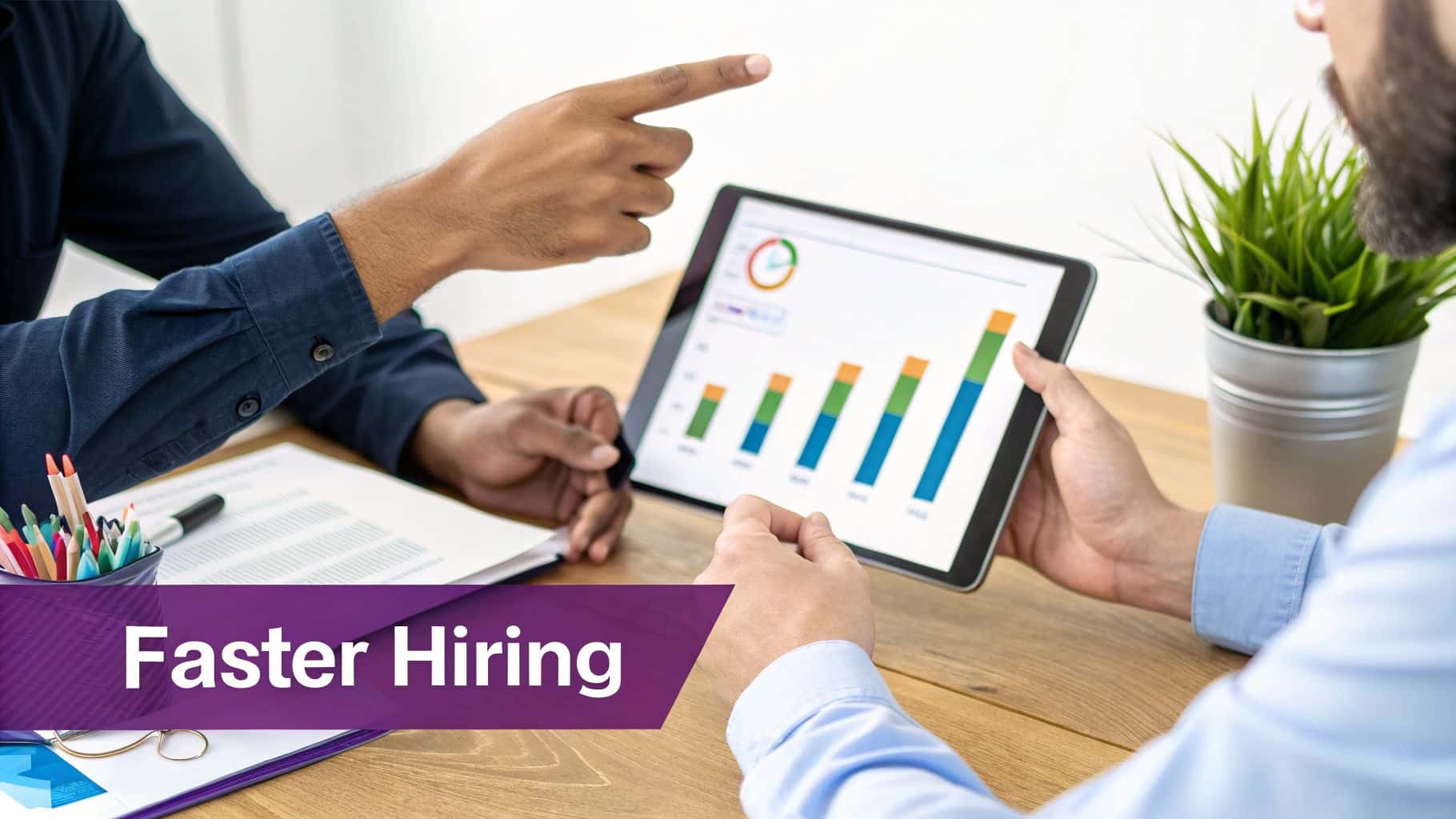 Two professionals discuss hiring data on a tablet displaying charts, with 'Faster Hiring' banner.