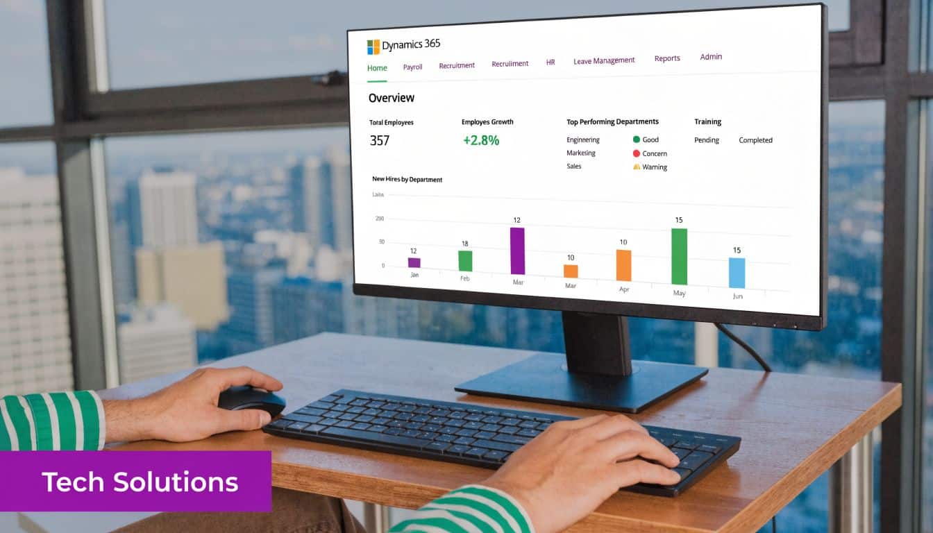 A person working at a desk using a computer displaying an employee management dashboard on screen.