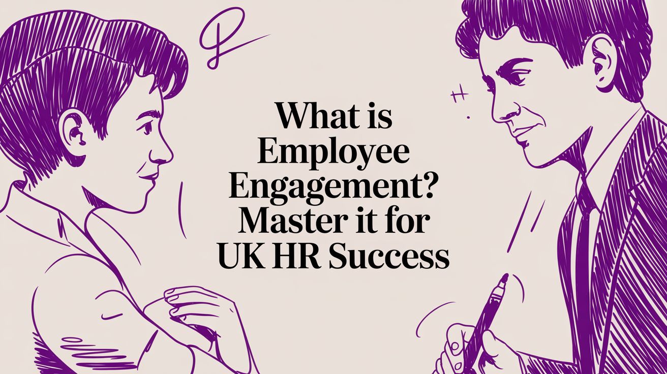 Illustration of two businesspeople facing each other with the title: 'What is Employee Engagement? Master it for UK HR Success'.