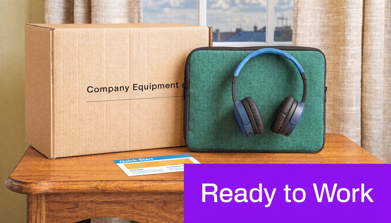 A cardboard box labeled Company Equipment, a laptop sleeve, headphones, and instructions on a wooden desk.