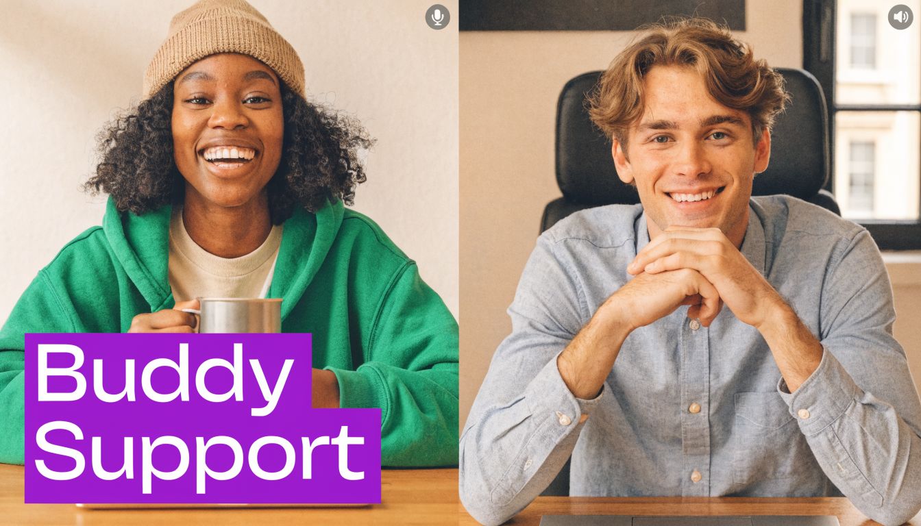 A split image showing a smiling woman and a man participating in a professional video conference call.