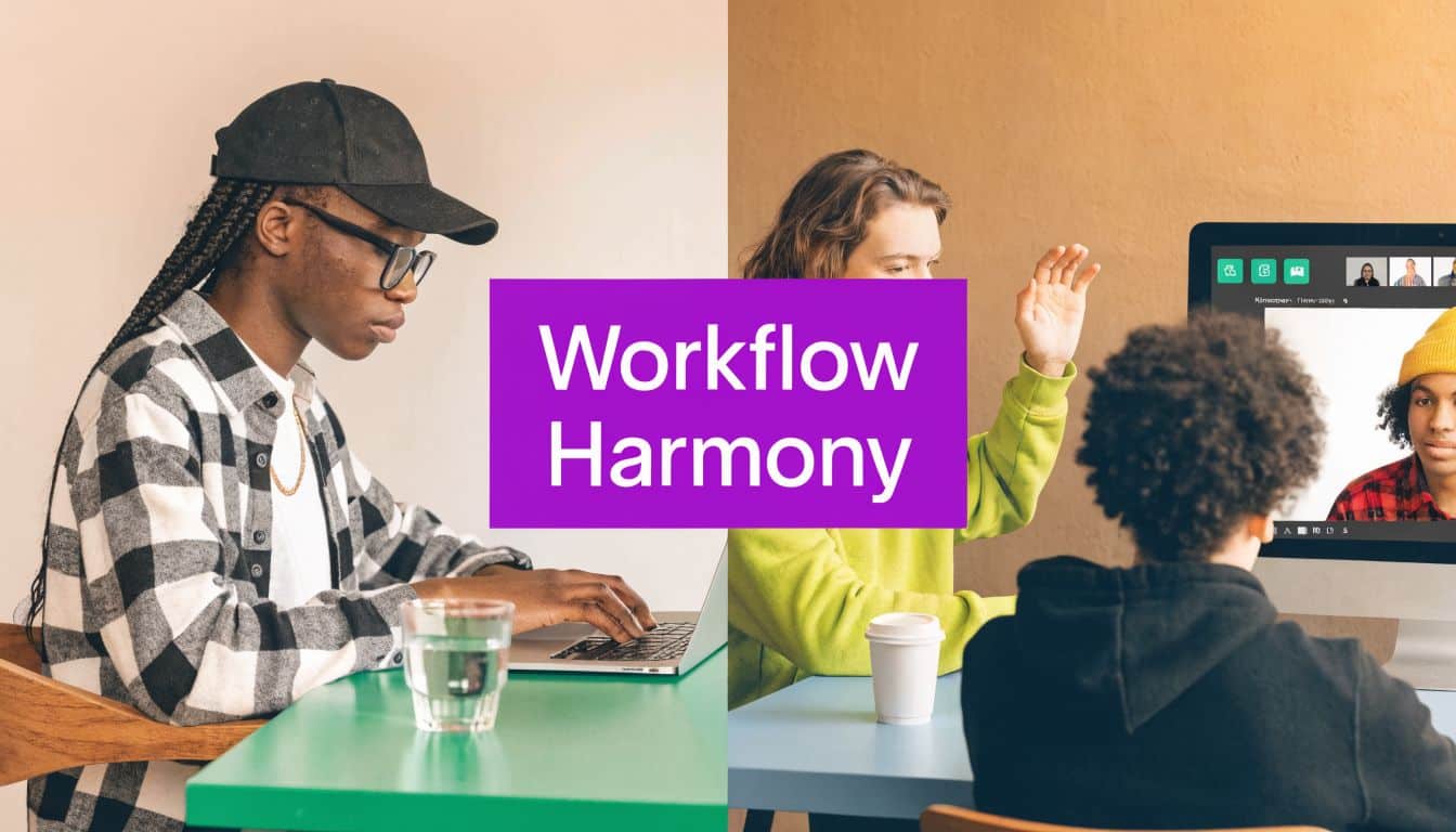 A split-screen image showing people working together and communicating on video calls to achieve workflow harmony.
