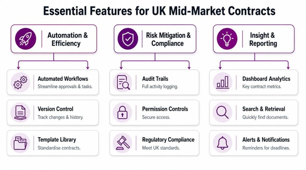 A diagram outlining essential features for UK mid-market contracts including automation, risk mitigation, and reporting.