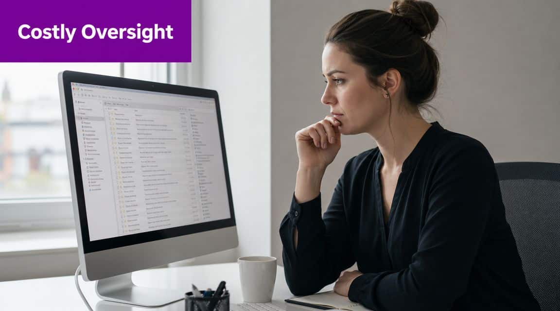 A professional woman looking thoughtful while reviewing documents on her computer screen at her office desk.