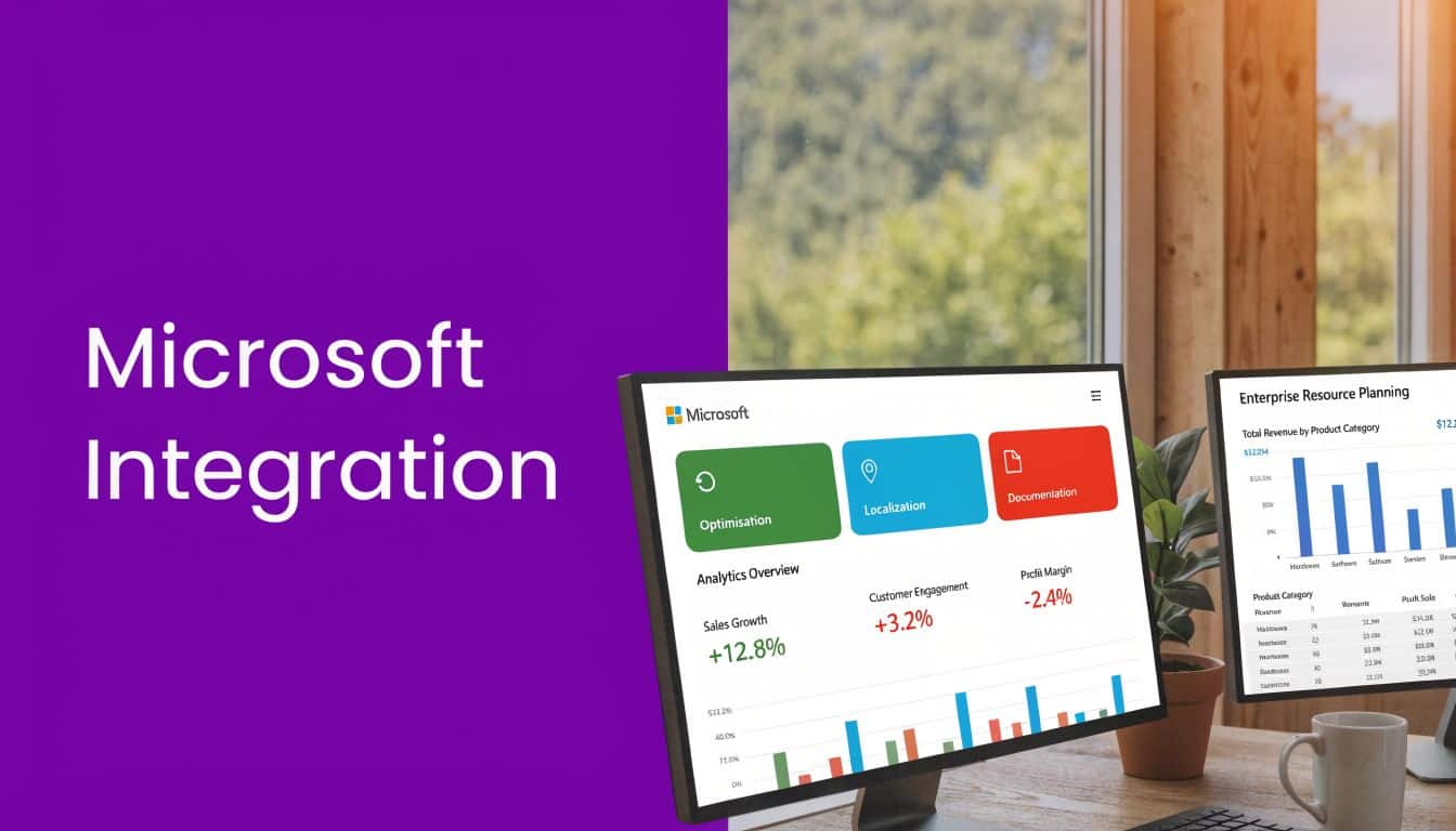A dual monitor setup displays Microsoft Enterprise Resource Planning software analytics on a wooden office desk surface.