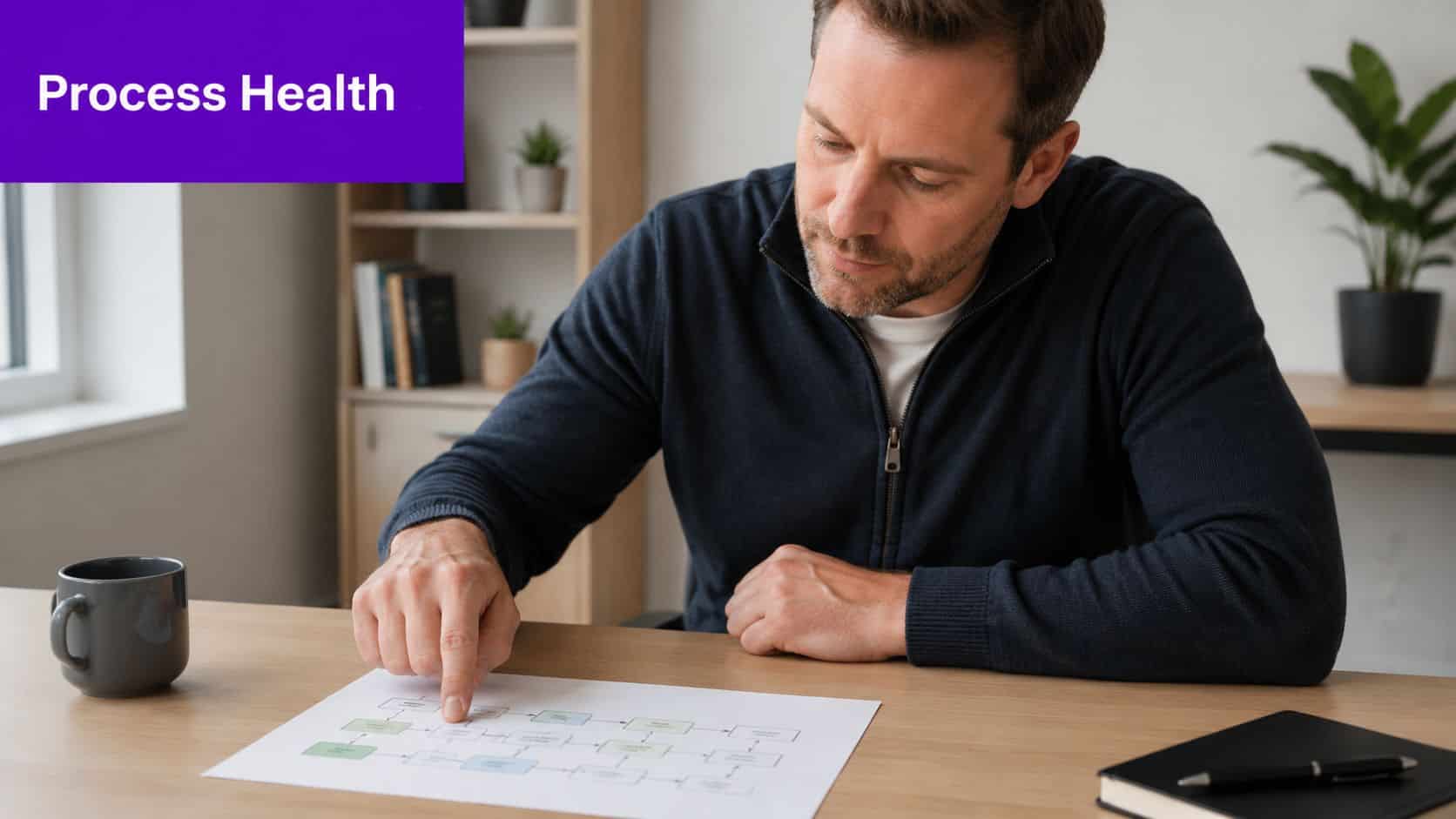 A professional man sitting at a desk reviewing a process flow chart on a piece of paper.