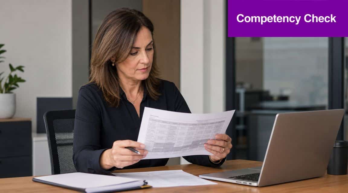 A professional woman in a dark shirt reviews a document while sitting at her office desk.