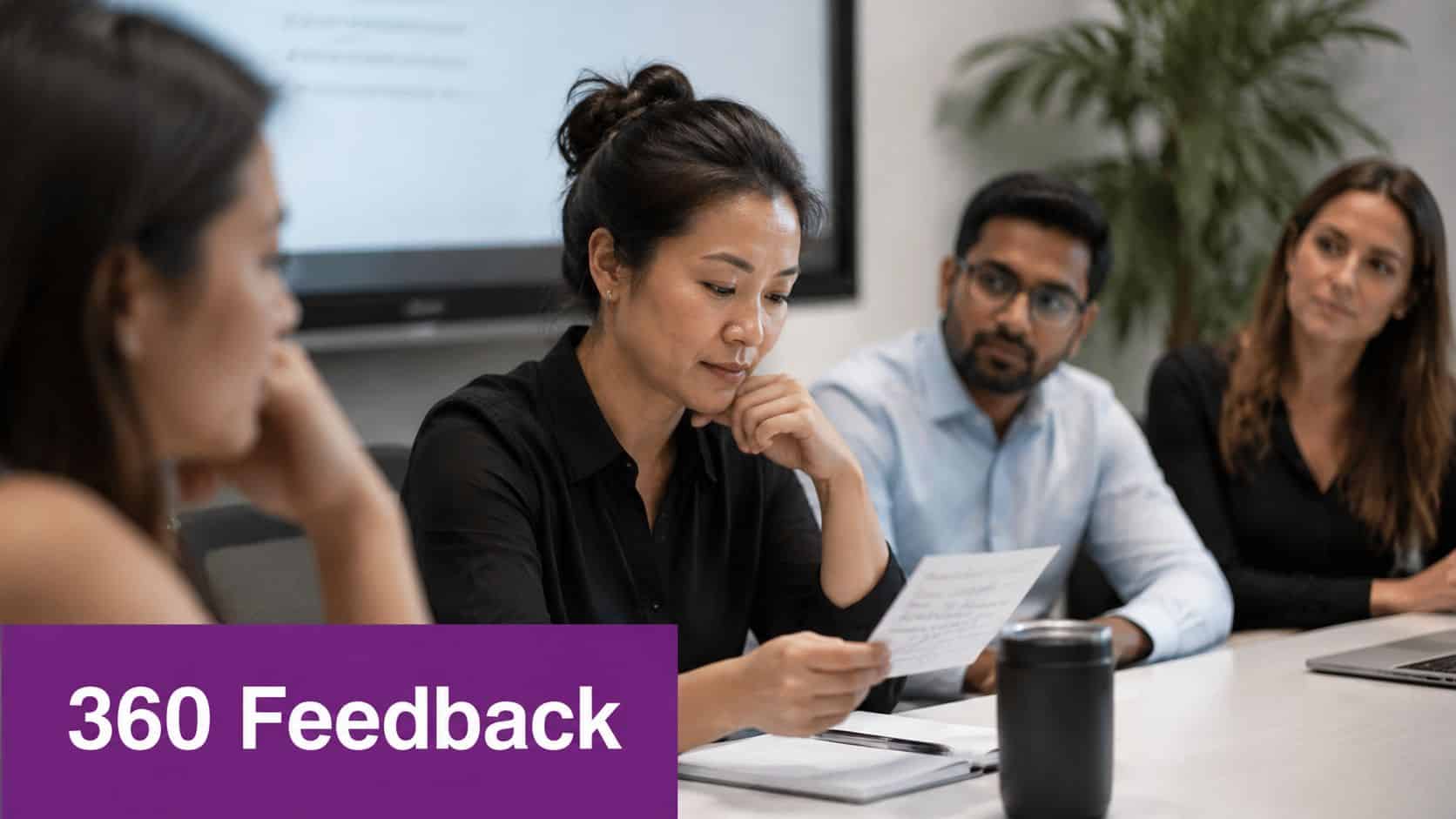 A diverse group of professionals collaborating in a modern office meeting during a 360 feedback session.
