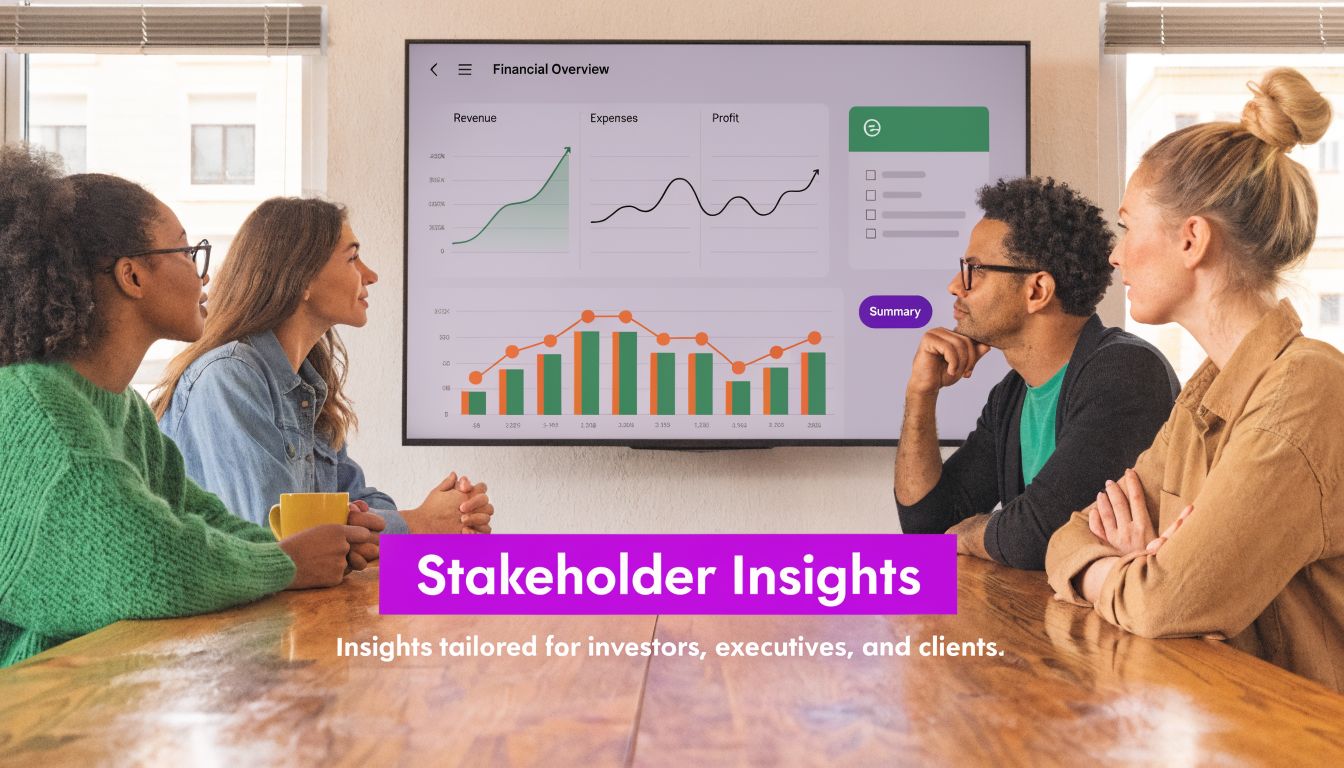 A diverse group of professionals reviewing financial data charts on a screen during a business strategy meeting.
