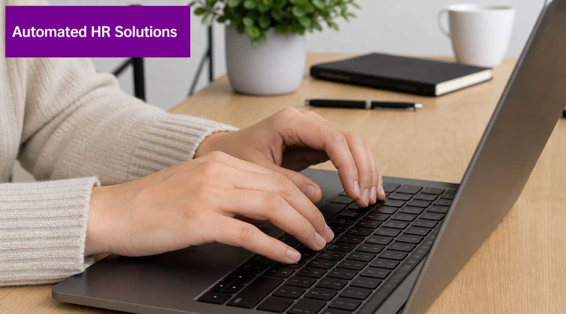 A person wearing a beige sweater typing on a sleek laptop at a clean, modern desk.