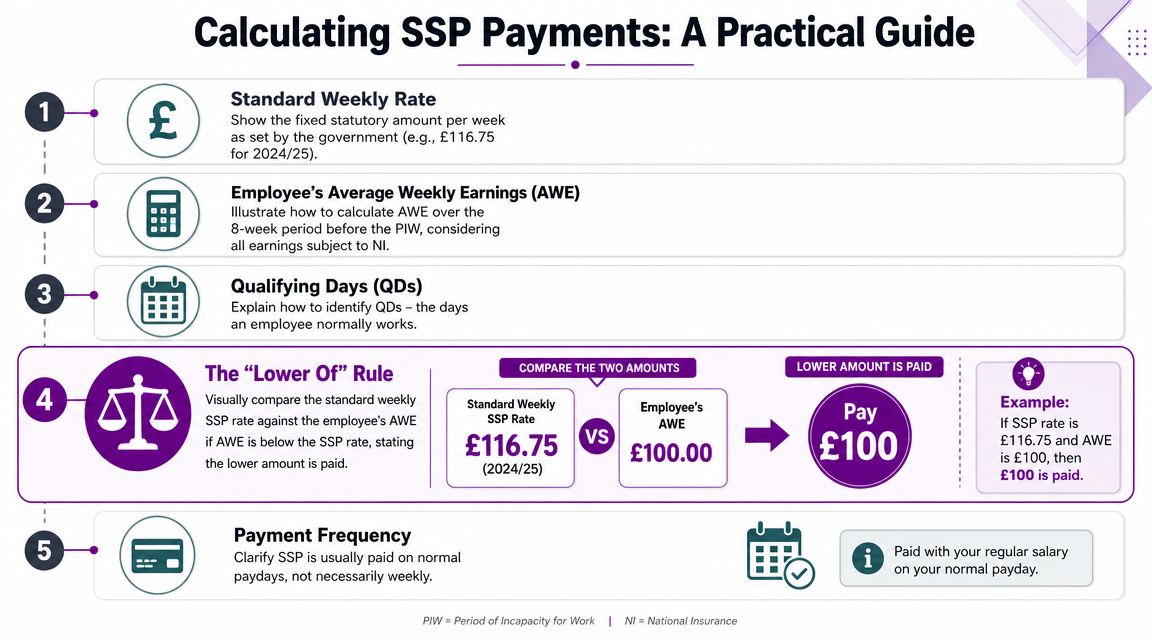 A practical infographic guide outlining the five steps for calculating Statutory Sick Pay (SSP) payments.