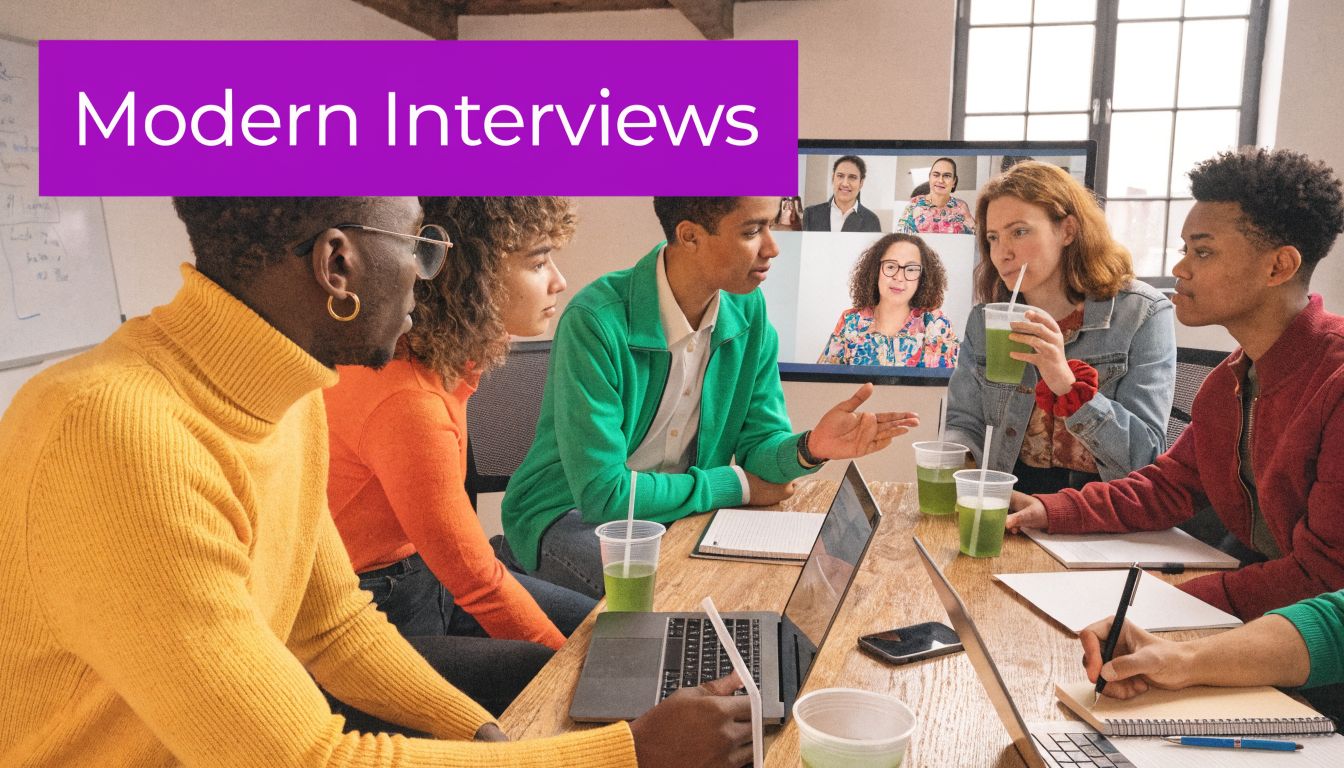A diverse team of young professionals collaborating in an office during a modern job interview process.