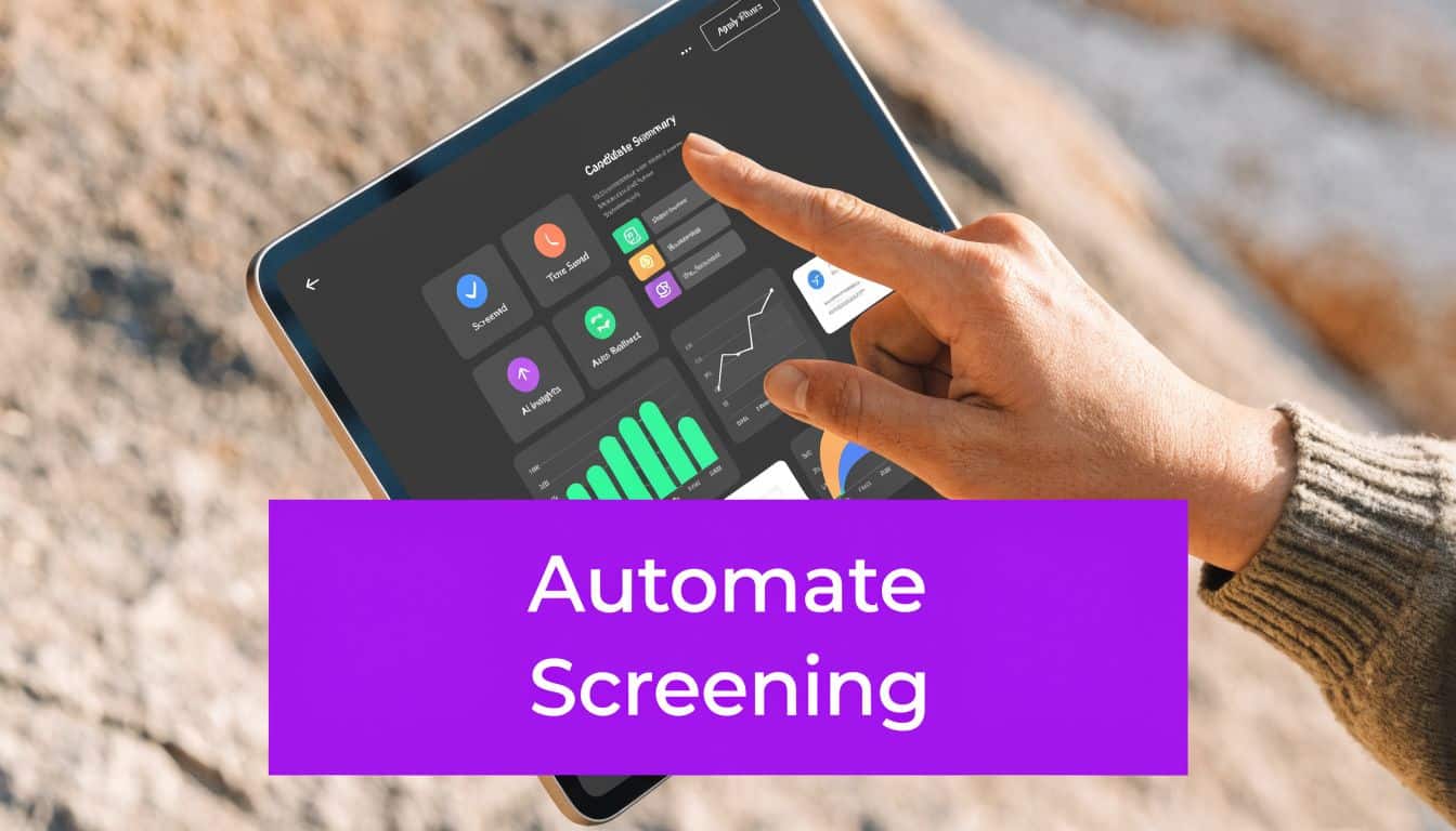 A hand interacting with a tablet displaying recruitment analytics software and data visualizations for candidate screening.