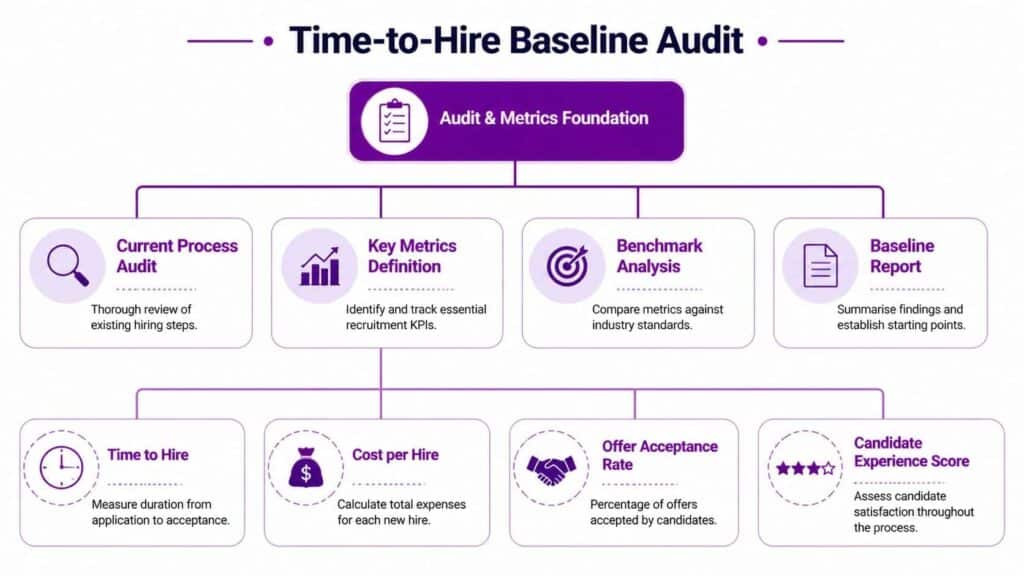 A flowchart diagram illustrating the steps for conducting a professional time-to-hire baseline audit for recruitment processes.