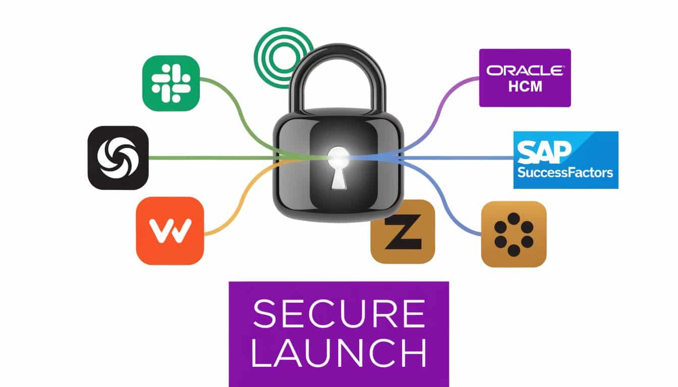 A padlock icon connected by lines to various company software application logos for secure system integration.