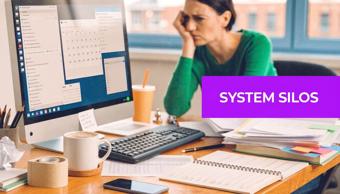 A woman looks frustrated at a computer screen displaying multiple disconnected software interfaces, illustrating business inefficiency.