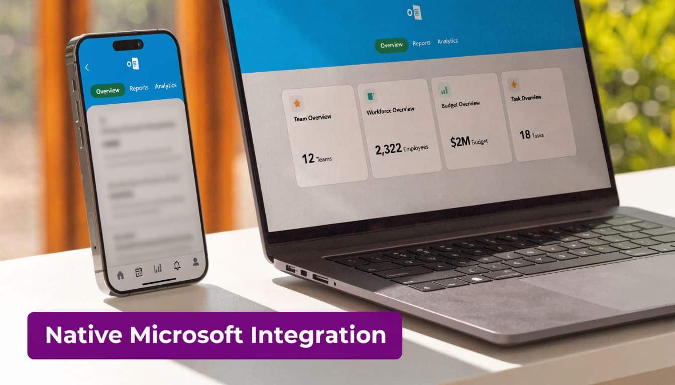 A smartphone and a laptop displaying HRIS software dashboard with team, workforce, budget, and task management metrics.