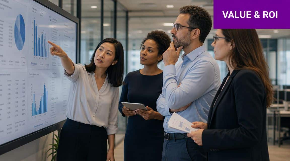 A professional business team analyzing data on a large digital screen in a modern corporate office.