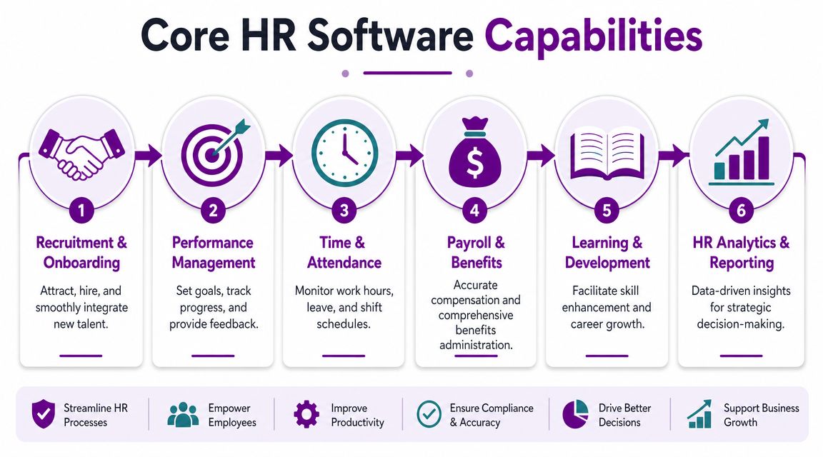A diagram illustrating six core HR software capabilities including recruitment, performance management, time tracking, and HR analytics.