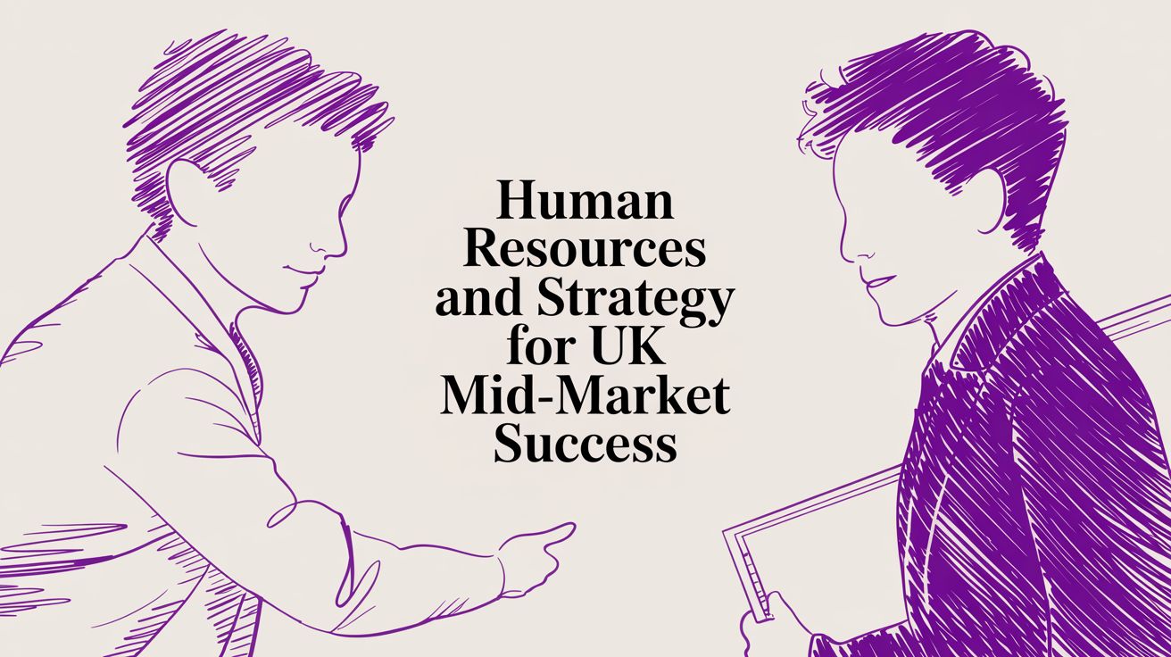 Two outlined professionals facing each other with a bold title in the center: 'Human Resources and Strategy for UK Mid-Market Success'.