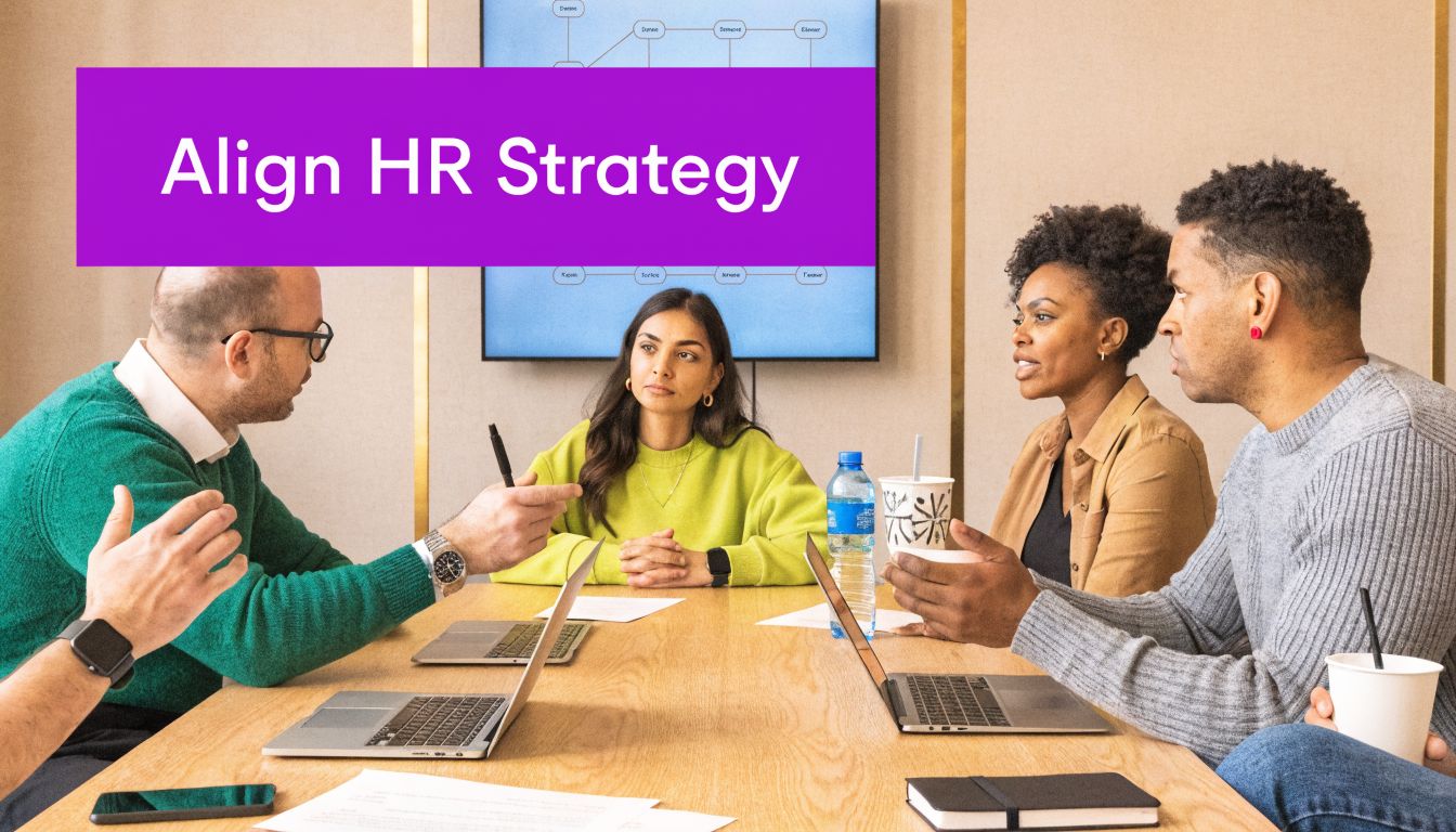 A diverse group of professionals collaborating on an HR strategy around a table in an office.