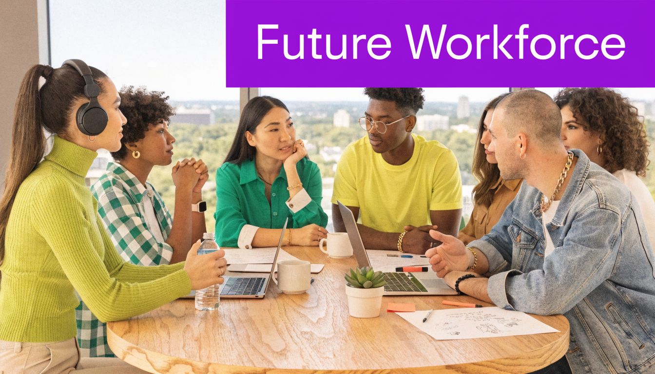 A diverse group of young professionals sitting around a wooden table collaborating in a bright modern office.
