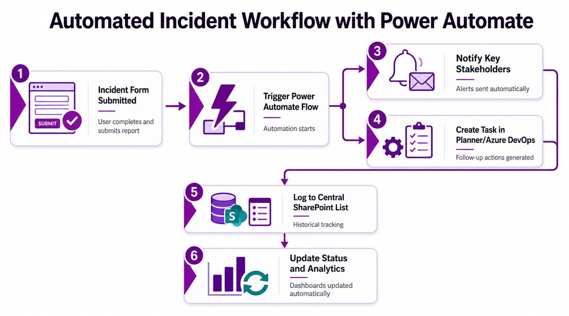 A flowchart diagram illustrating the six-step automated incident reporting and resolution process using Power Automate.