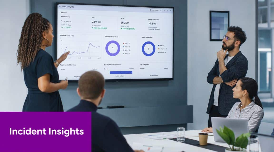 A professional team reviewing incident analytics and performance metrics on a large digital screen in a conference room.