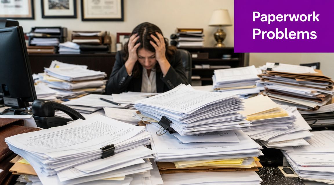 A stressed woman sitting at an office desk overwhelmed by large piles of disorganized paperwork and documents.