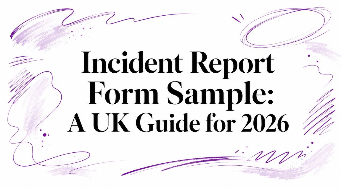 Cover image with bold title 'Incident Report Form Sample: A UK Guide for 2026' surrounded by purple brush-stroke decorations.