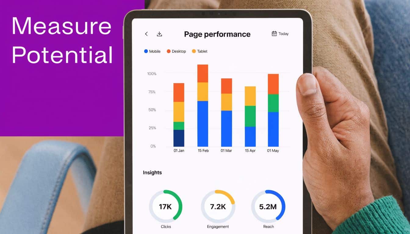A person holding a tablet displaying a professional page performance dashboard with bar charts and data insights.