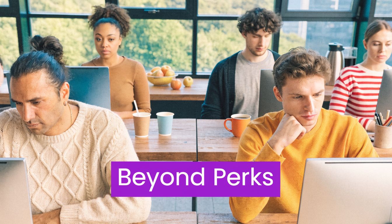 A diverse group of employees working at computers in a modern open-plan office space.