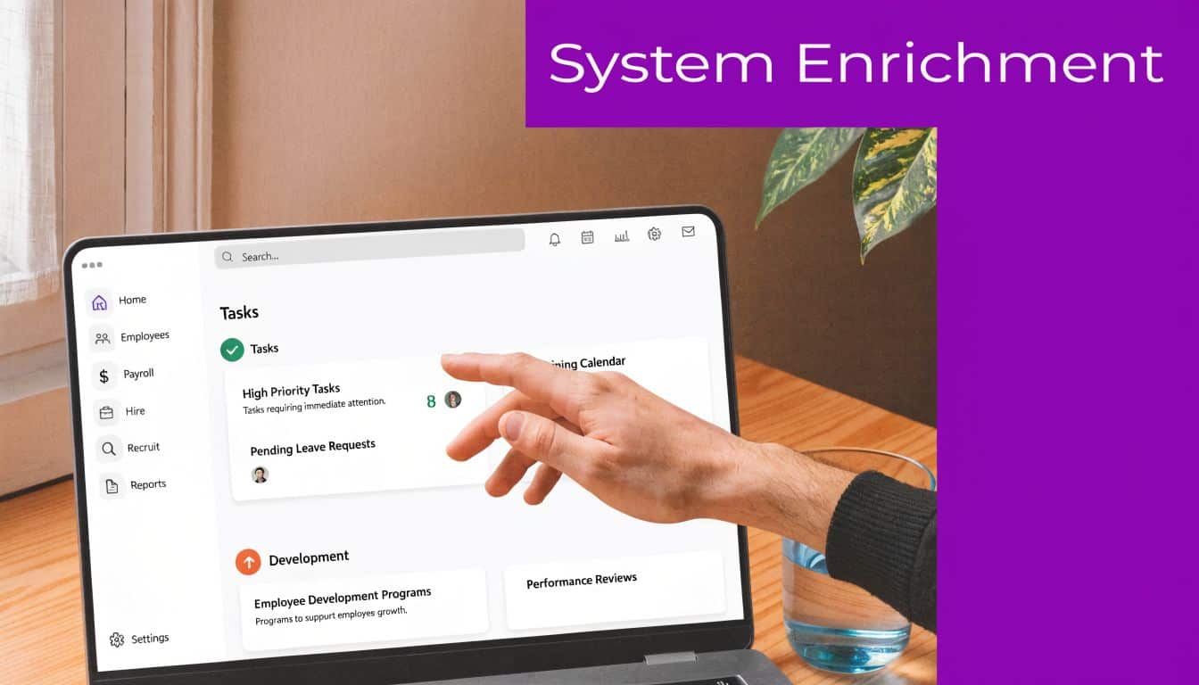 A person pointing at a digital dashboard displaying employee task management and development software on a laptop.