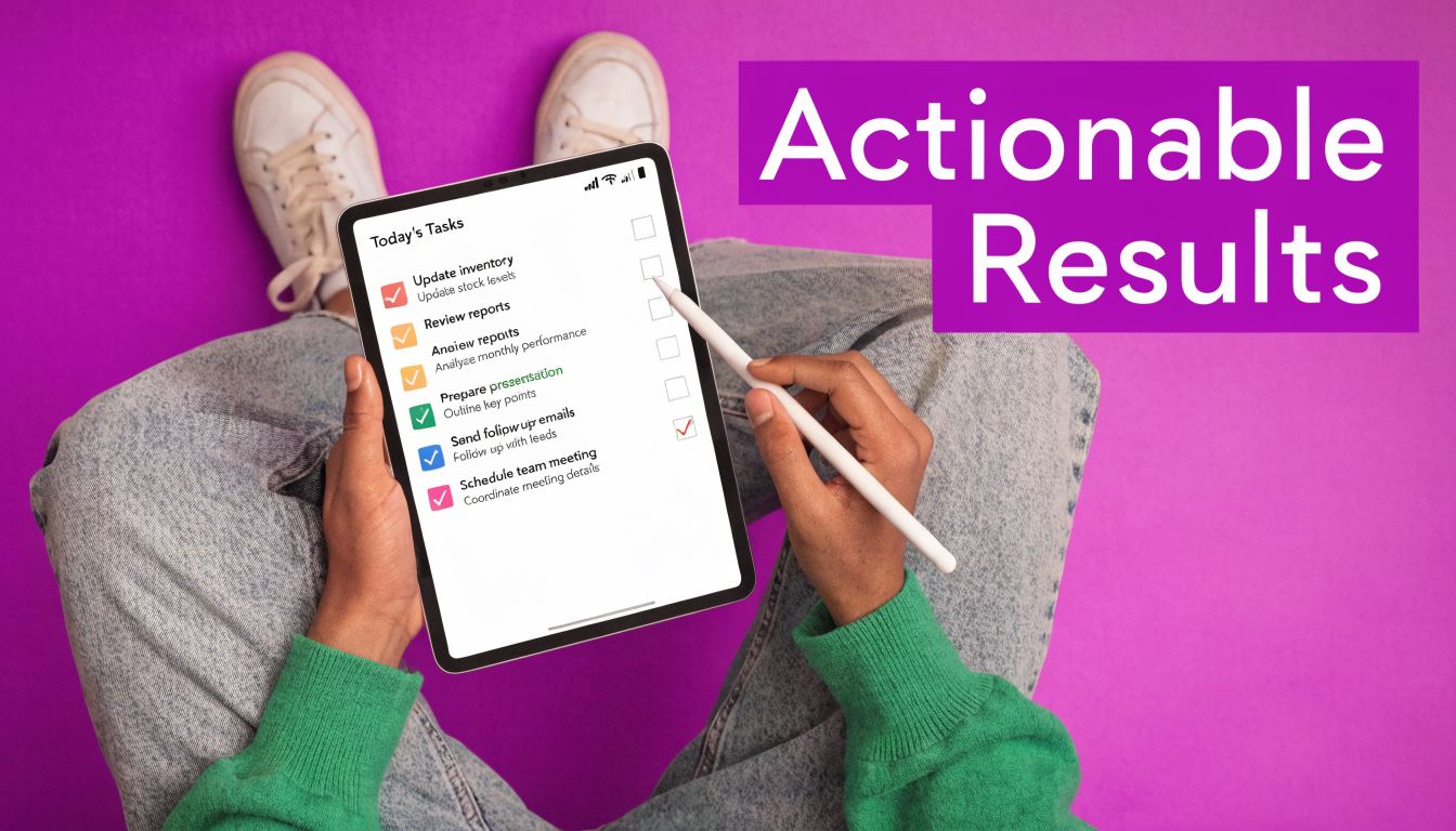 A person holding a tablet showing a checklist of business tasks against a bright purple background.