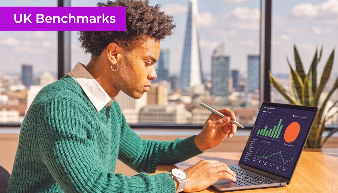 A young man sitting at a desk in a high-rise office analyzing data charts on a laptop.