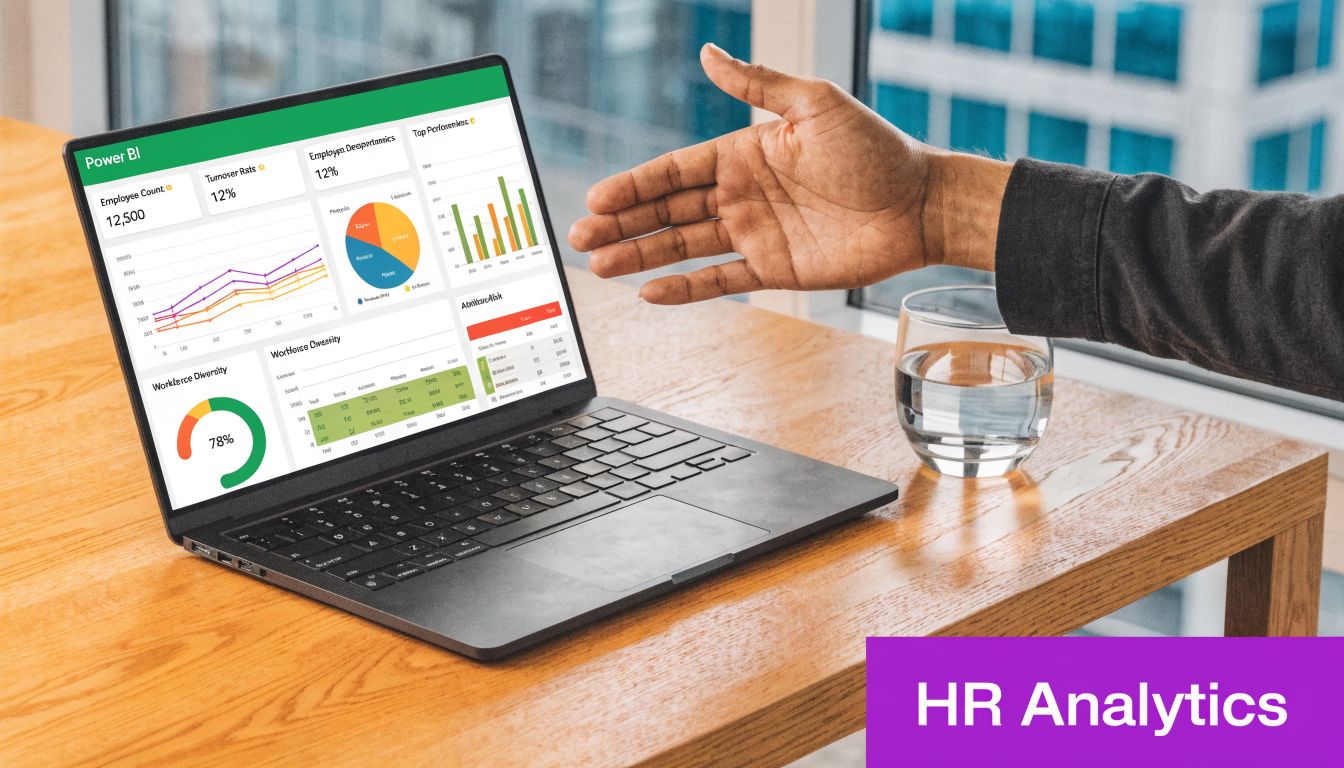 A professional hand gesturing towards a laptop screen displaying various HR analytics dashboards and data visualizations.