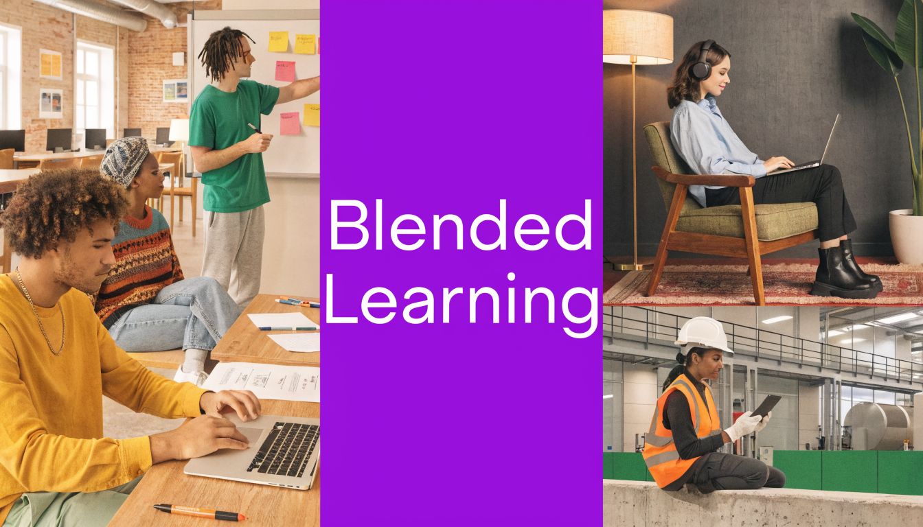 A collage showing diverse employees engaged in various professional learning environments, focusing on modern workplace training.