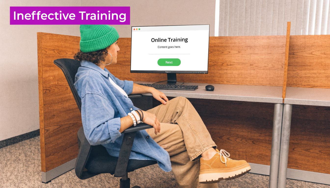 A person wearing a green beanie sitting at a desk and looking at an online training module.