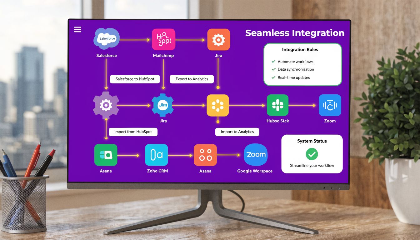 A computer monitor displaying a seamless software integration diagram showing connections between various business productivity applications.