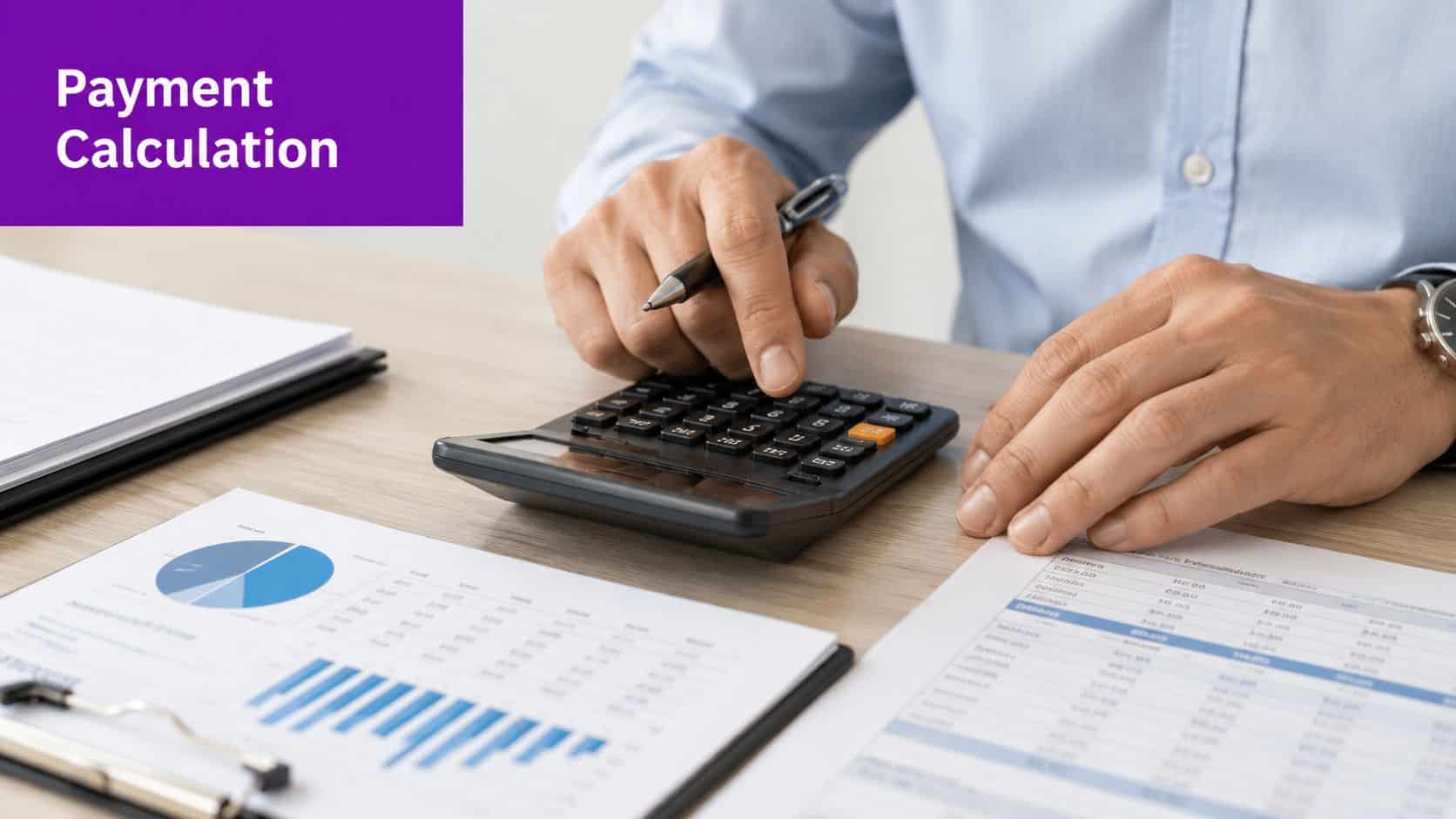 A professional analyzing financial documents with a calculator to determine statutory guarantee payments at a desk.