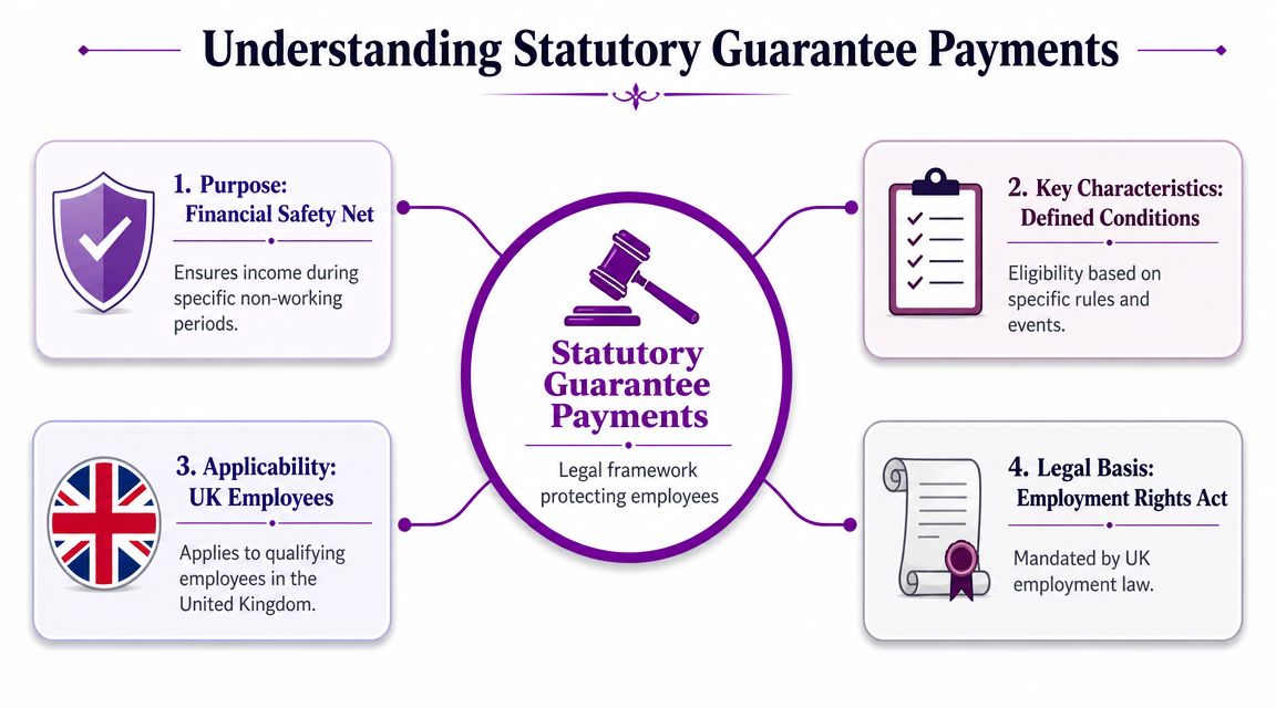 An infographic explaining statutory guarantee payments in the UK with key aspects and legal basis.