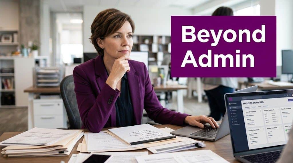 A professional woman in a purple blazer analyzes employee dashboard data on a laptop in an office.