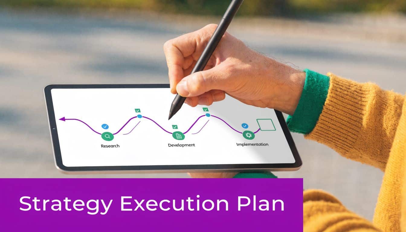 A person drawing a strategy execution plan process on a tablet screen with a digital stylus pen.