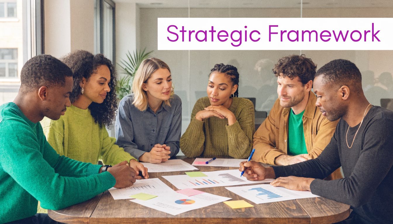 A diverse group of professional colleagues collaborating around a wooden table while reviewing strategic documents.