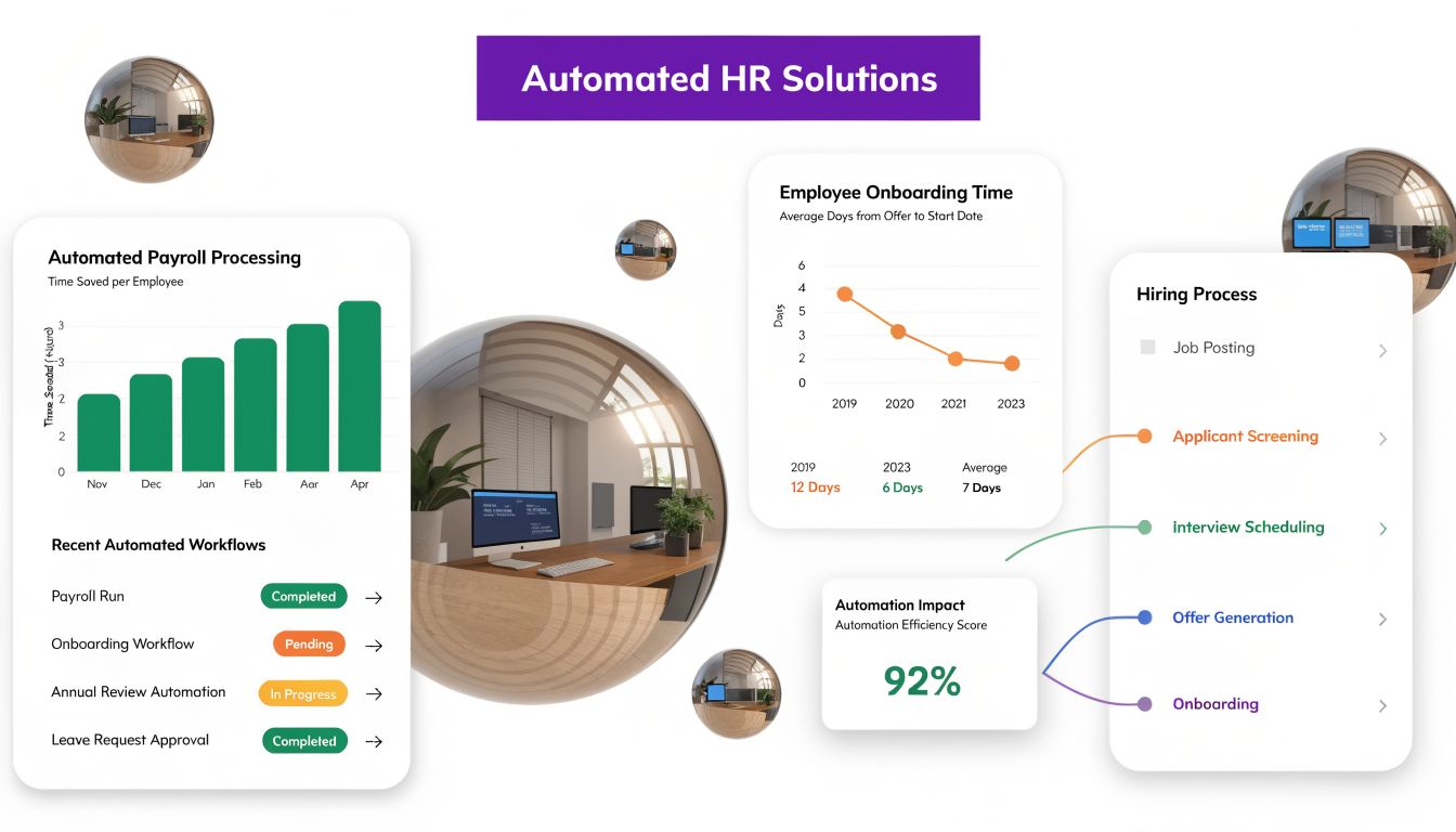 Dashboard showing automated HR metrics including payroll processing growth, onboarding time reduction, and hiring process workflows.