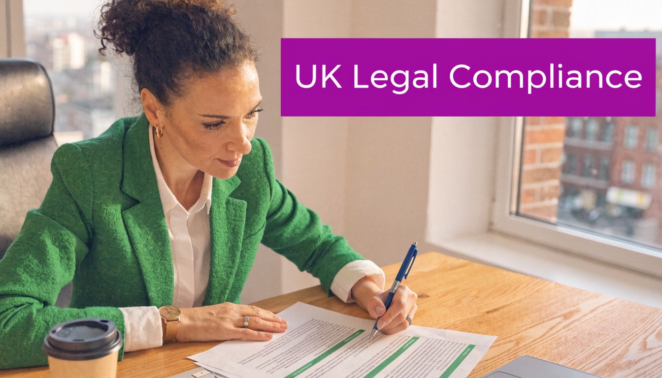 A professional woman in a green blazer writing on a document titled UK Legal Compliance.
