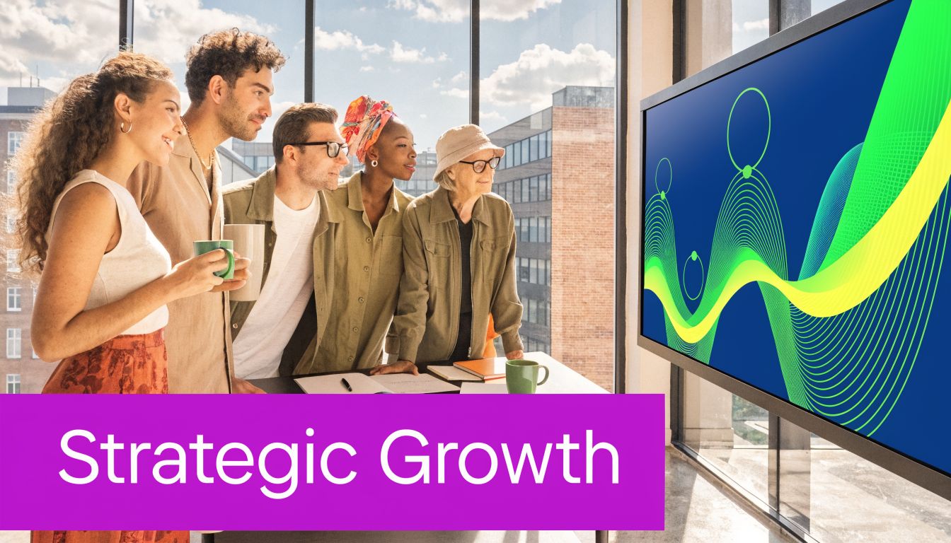 A diverse team of professionals looks at a digital screen displaying a growth graph in an office.